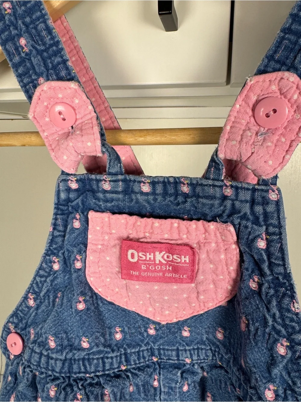 Vintage OshKosh Pink Rubber Ducky Jean Baby Girls Overalls